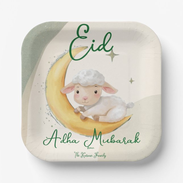 Plato De Papel Eid  Al Adha Dusty Green Cute Sheep Dinner  (Anverso)