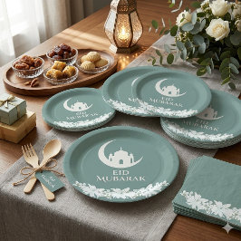 Plato De Papel Eid Mubarak 1447 Hijri Diseño de Mezquita Media Lu