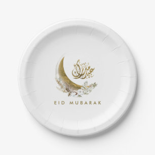 Plato De Papel Eid Mubarak Caligrafía árabe Luna de Oro