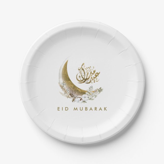 Plato De Papel Eid Mubarak | Caligrafía árabe | Luna de Oro (Anverso)
