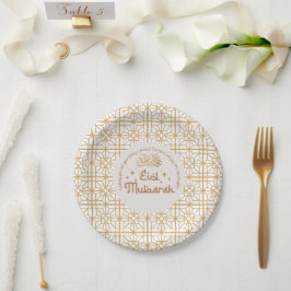 Plato De Papel Eid Mubarak Fiesta islámica elegante blanco y oro