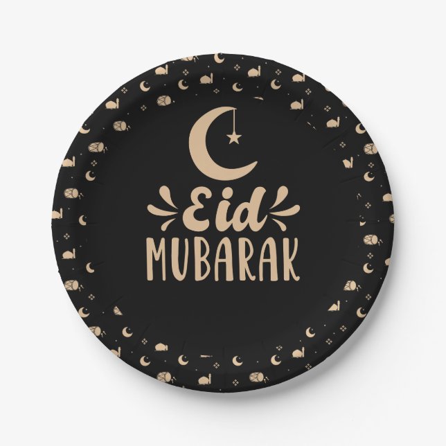 Plato De Papel Eid Mubarak moderno feliz Eid Black (Anverso)