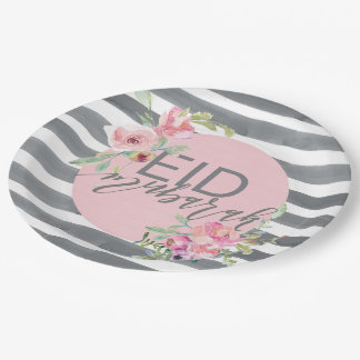 Plato De Papel Eid Mubarak Rosa y Gris Floral