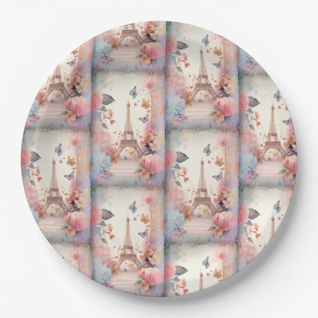 Plato De Papel Eiffel Tower Butterflies and Flowers (Anverso)