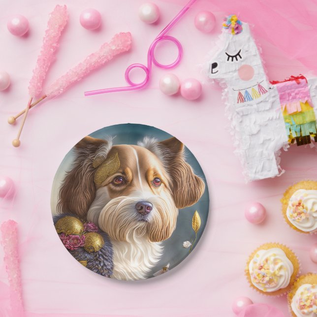 Plato De Papel Ein süßer Hund mit Goldschmuck (Fiesta)