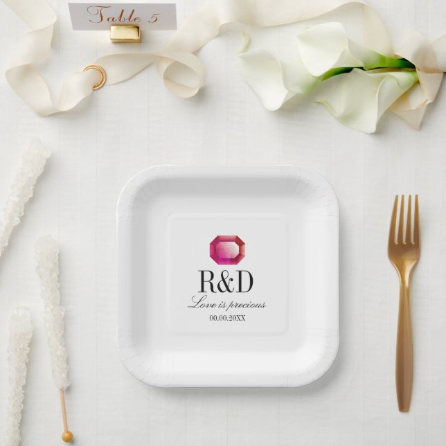 Plato De Papel El amor es boda de piedras preciosas rosas (Boda)