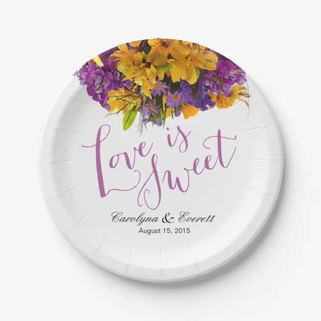 Plato De Papel El amor es dulce Floral Bouquet | morado amarillo (Anverso)