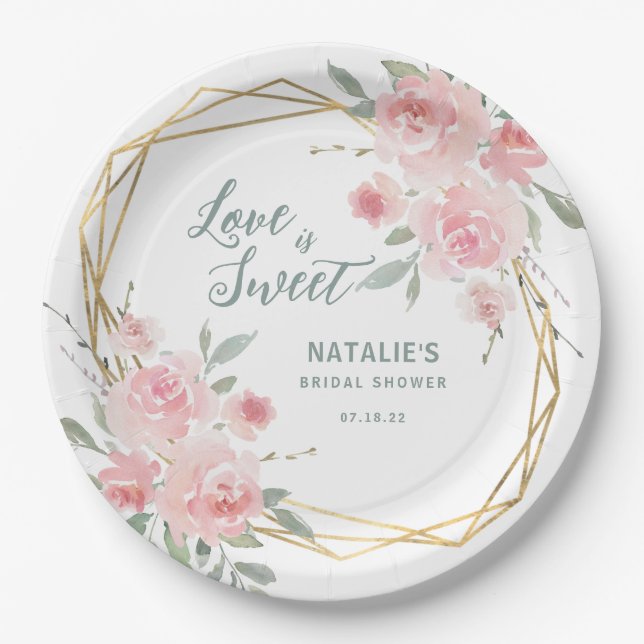 Plato De Papel El amor es dulce Rubor Floral Bridal Shower (Anverso)
