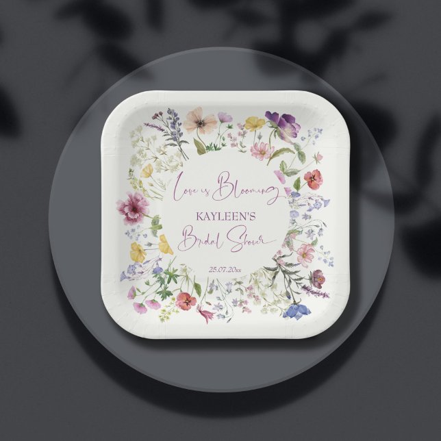 Plato De Papel El amor está floreciendo boho flor silvestre ducha (Love is blooming boho wildflower spring summer bridal shower personalized printed paper plates)