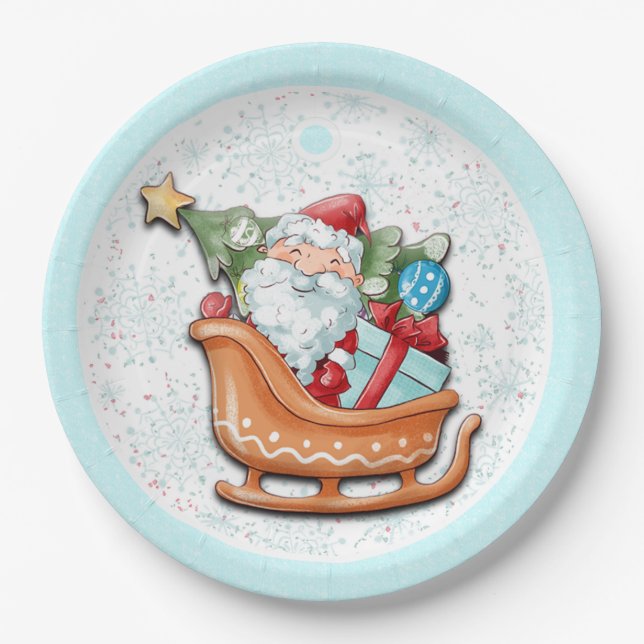 Plato De Papel El árbol de navidad de Santa Claus Copos de nieve  (Anverso)