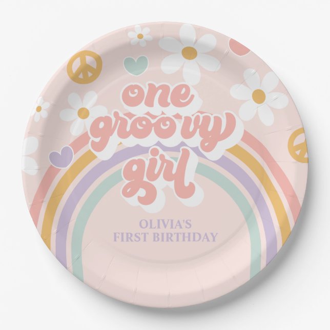 Plato De Papel El arcoiris Chica Groovy Retro 1 cumpleaños (Anverso)