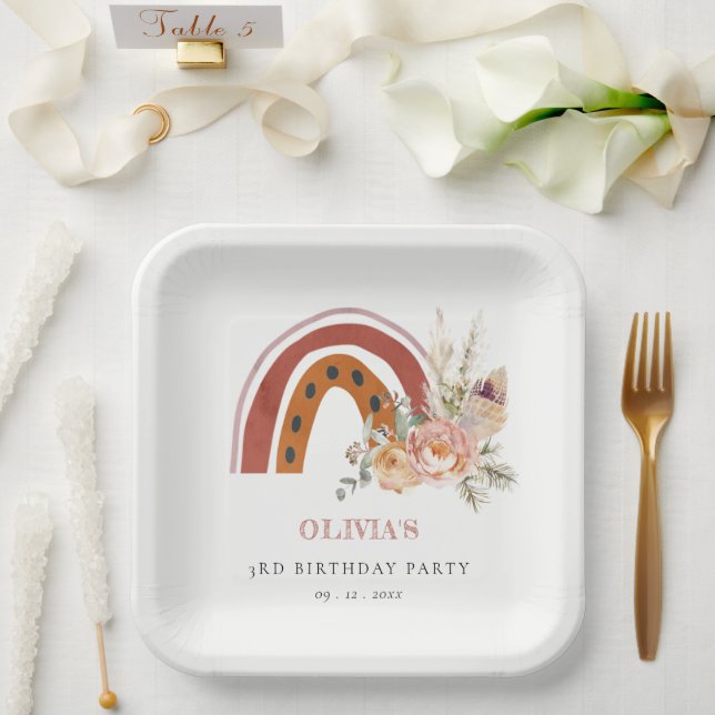 Plato De Papel El arcoiris floral del boho bajo cualquier edad Cu (Boda)
