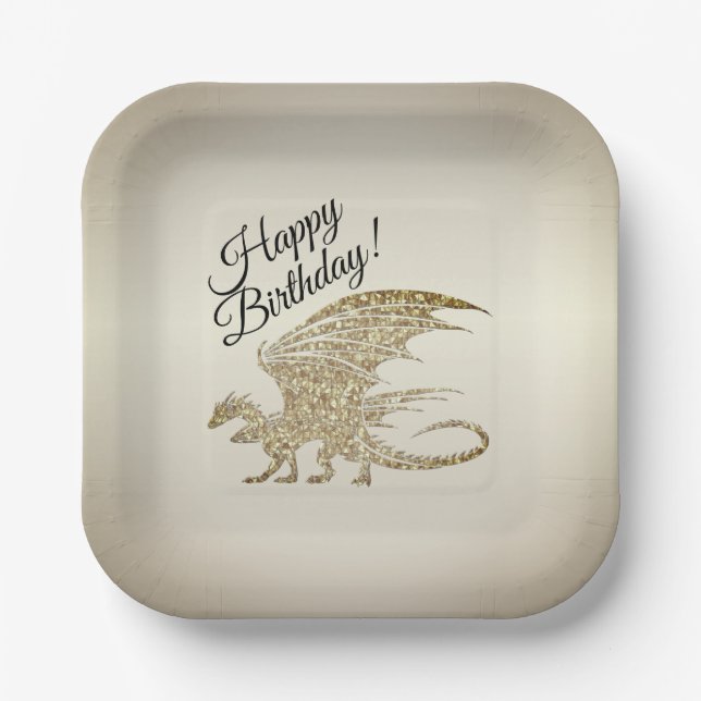 Plato De Papel El asombroso Dragón Mosaico Cumpleaños Dorado (Anverso)