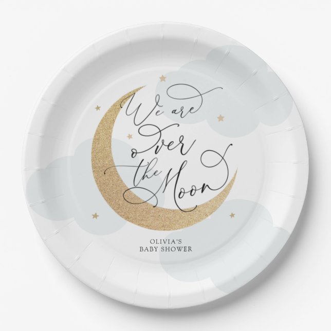 Plato De Papel El Baby Shower azul sobre la luna (Anverso)