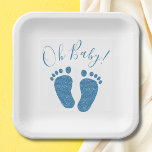 Plato De Papel El Baby Shower de Blue Purpurina Boy<br><div class="desc">Estas bonitas placas de papel Baby Shower están decoradas con pies de bebé purpurina azul y Oh Baby! en una tipografía elegante.</div>