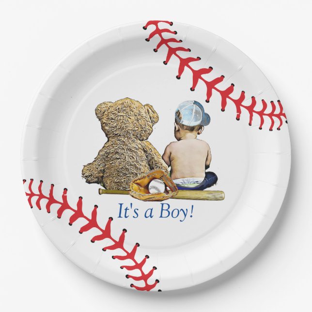 Plato De Papel El Baby Shower de un chico con temas de béisbol (Anverso)