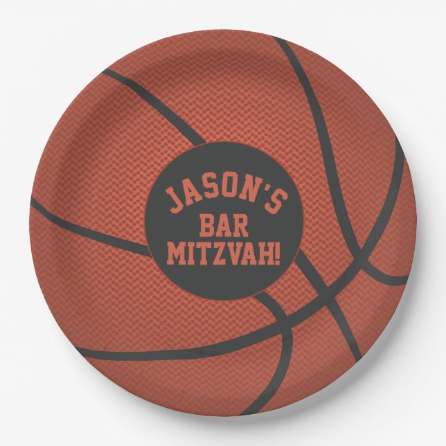 Plato De Papel El bar de baloncesto personalizado Mitzvah Naranja (Anverso)