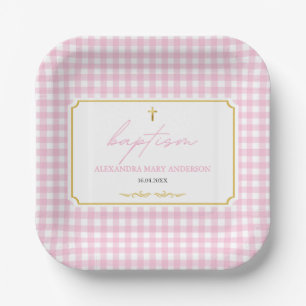 Plato De Papel El bautismo Chica rosado de Gingham Diseño Minimal