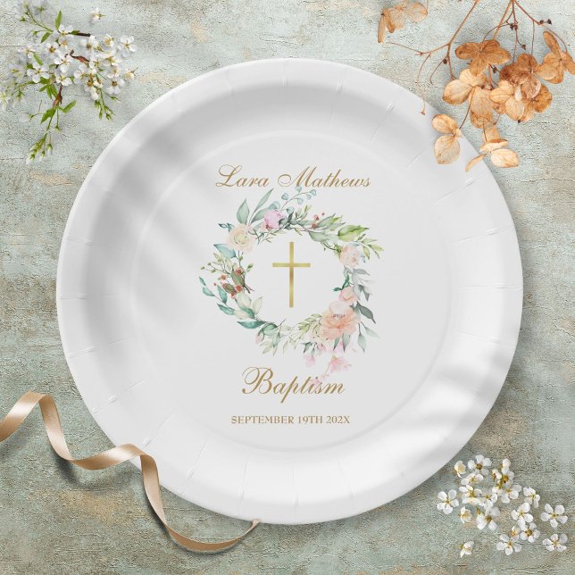 Plato De Papel El bautismo de Garland Garland Rosa Christening (Woodland Rose Garland Baptism Christening Paper Plates)