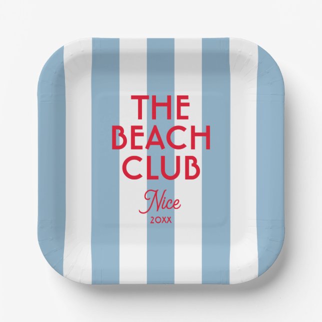 Plato De Papel El Beach Club Francés Red Blue Cabana Stripe (Anverso)