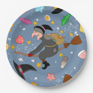 Plato De Papel El befana viene de noche con el patrón de escoba