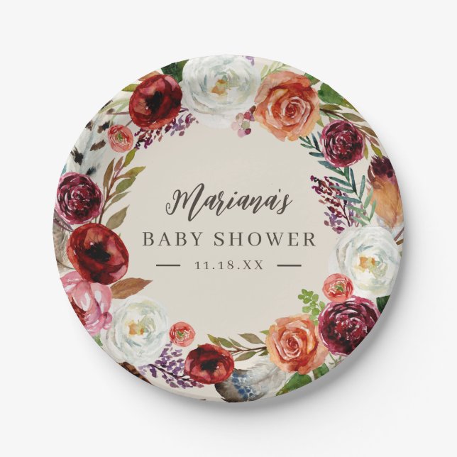 Plato De Papel El boho otoñal florece en Baby Shower personalizad (Anverso)