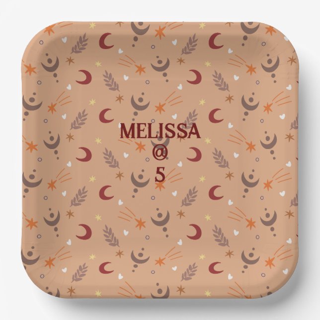 Plato De Papel El Boho Retro Brown Whimsical Personalizado Cumple (Anverso)