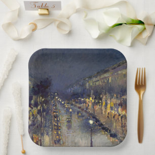 Plato De Papel El Boulevard Montmartre de noche Pissarro