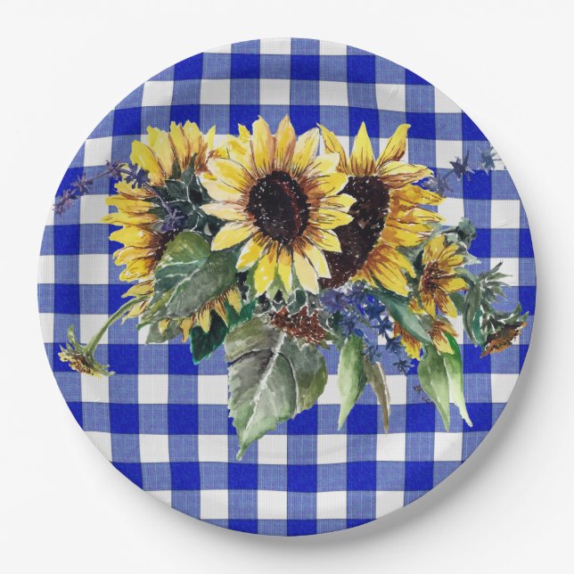Plato De Papel El Bouquet girasol en Blue Gingham (Anverso)