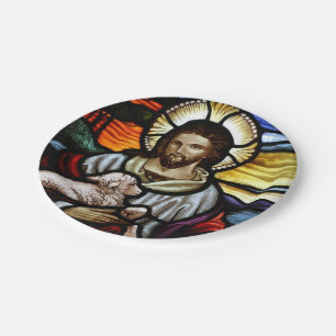 Plato De Papel El Buen Pastor; Jesús en vidrios manchados