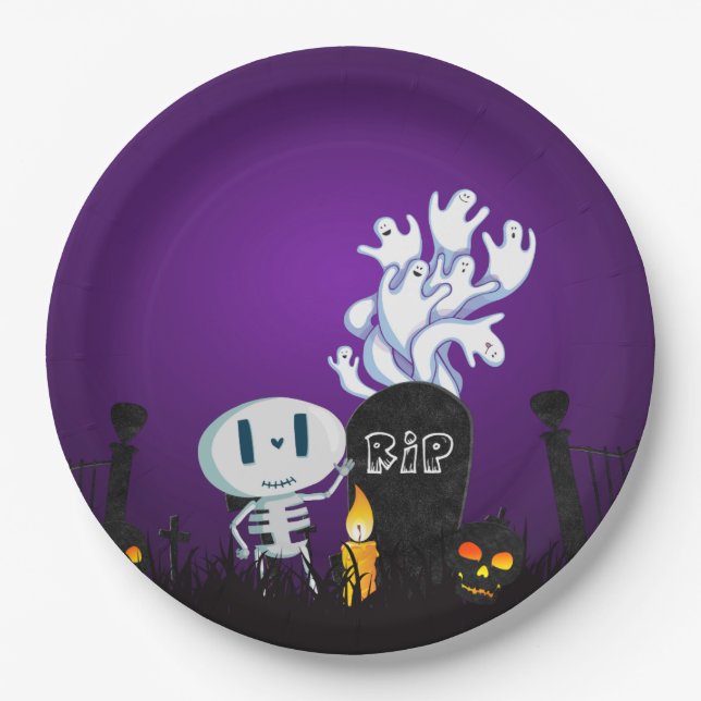 Plato De Papel El cementerio de Halloween Spooky Cute Skeleton y  (Anverso)