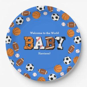 Plato De Papel El chico del tema deportivo de Baby Shower azul
