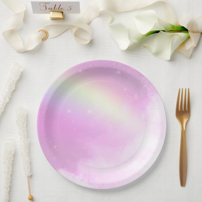Plato De Papel El cielo rosado pastel con arcoiris amarillo (Boda)