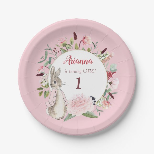 Plato De Papel El clásico Pedro Rosa de Conejo Cumpleaños Floral (Anverso)