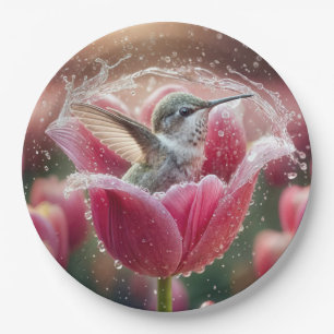 Plato De Papel El colibrí chocando en un tulipán