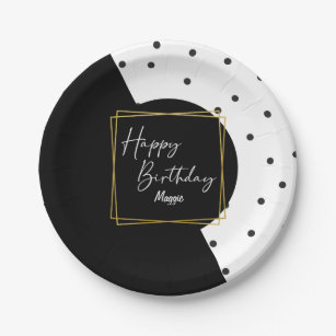 Plato De Papel El confeti blanco y negro puntea el cumpleaños