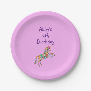 Plato De Papel El cuarto cumpleaños de Abby rosa de Unicornio