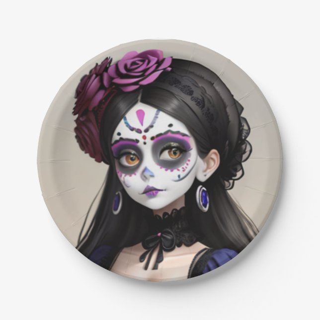 Plato De Papel el Día de los Muertos - Mujer hermosa (Anverso)