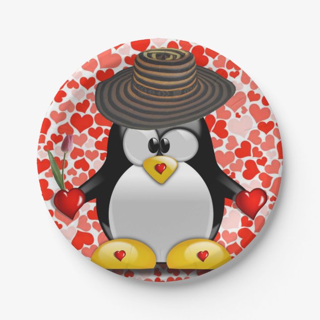 Plato De Papel El día de San Valentín de placas de papel, pingüin (Anverso)