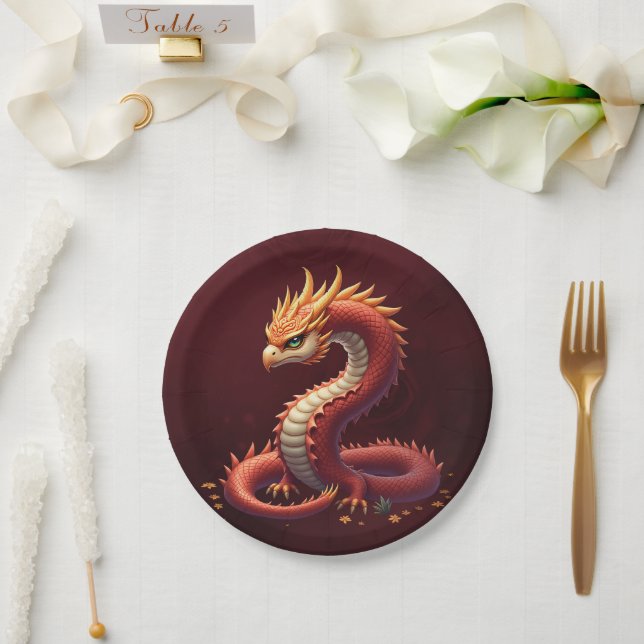 Plato De Papel El dragón serpiente dorado.  (Boda)