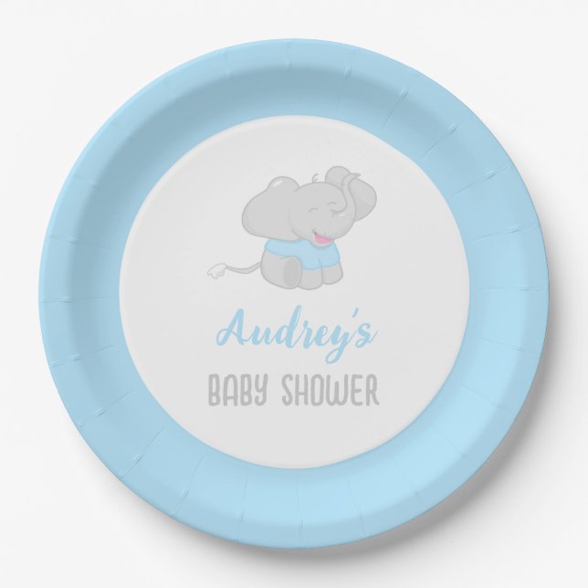 Plato De Papel El elefante lindo Baby Shower Boy (Anverso)