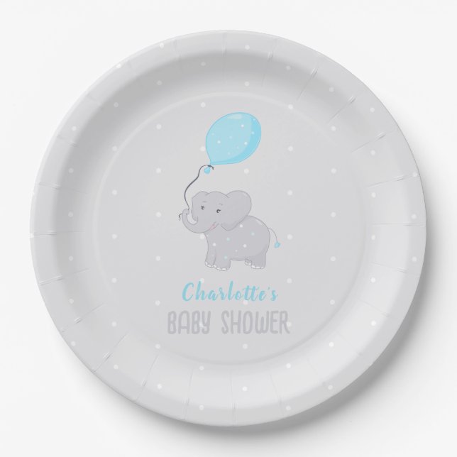 Plato De Papel El elefante lindo Baby Shower Boy (Anverso)