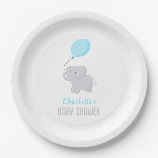 Plato De Papel El elefante lindo Baby Shower Boy (Anverso)