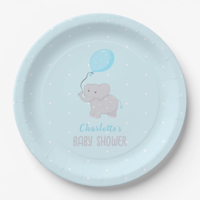 Plato De Papel El elefante lindo Baby Shower Boy (Anverso)