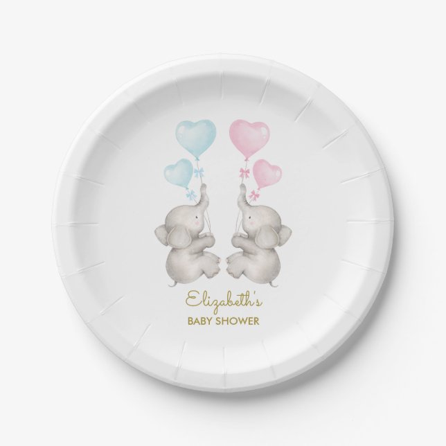 Plato De Papel El elefante mellizo Baby Shower revela la placa de (Anverso)
