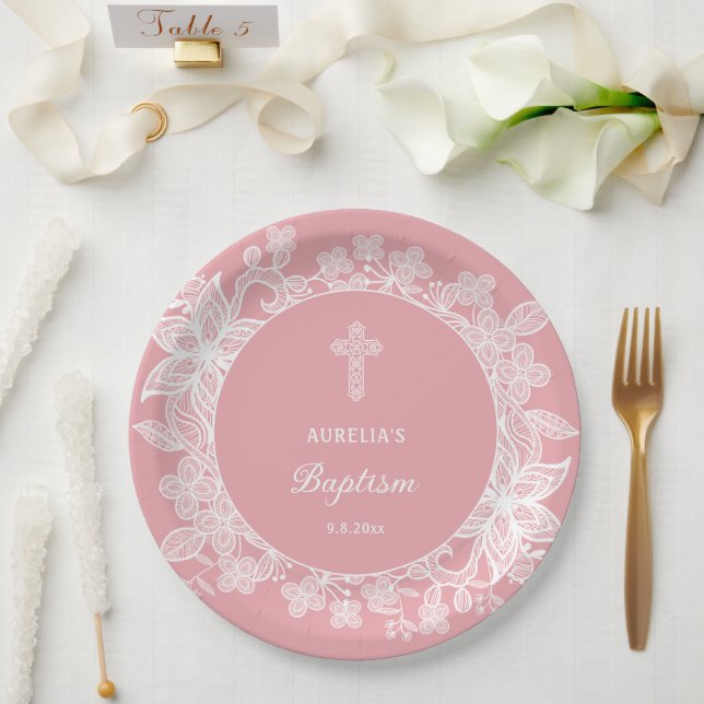 Plato De Papel El encaje blanco sobre el bautismo rosado (Boda)