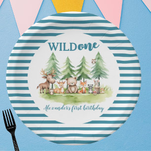 Plato De Papel Él es salvaje - Woodland Animals 1st B-day Blue