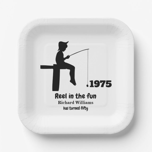 Plato De Papel El estilo moderno en el pescador divertido cumplea (Anverso)