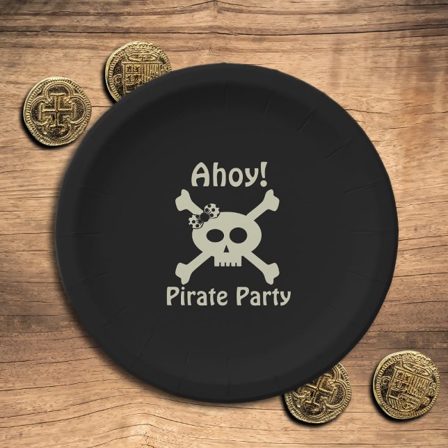 Plato De Papel El Fiesta pirata chiflado cruz de cráneo negro (Ahoy! Cute pirate paper plates for your pirate party)