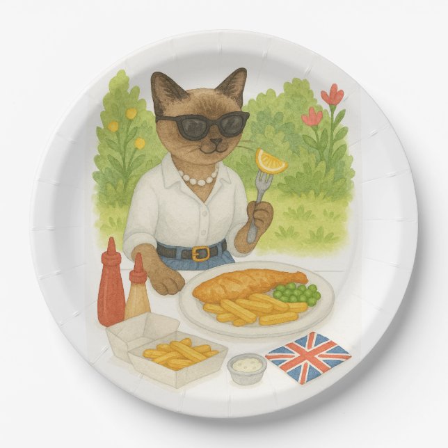 Plato De Papel El gato está en Londres Inglaterra comiendo pescad (Anverso)